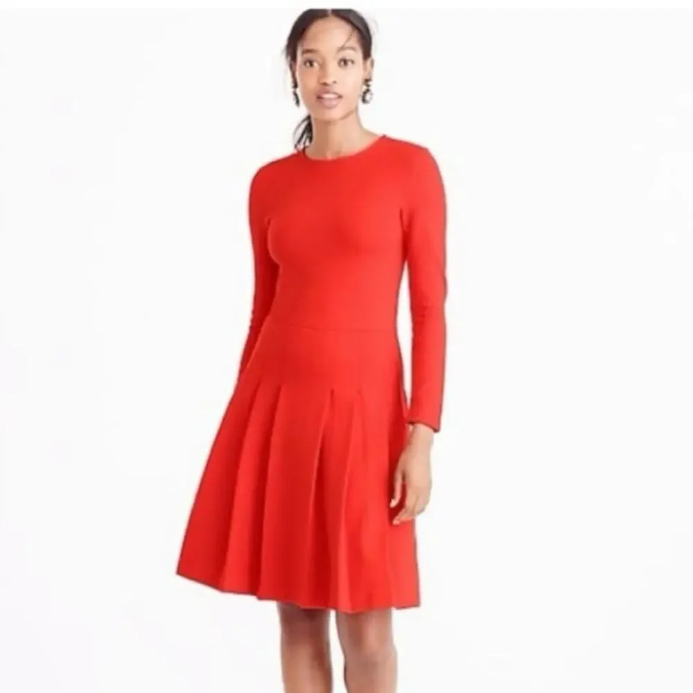 J. Crew Elegant Pleated Long Sleeve Red Knit Mini Dress Size 8 like new